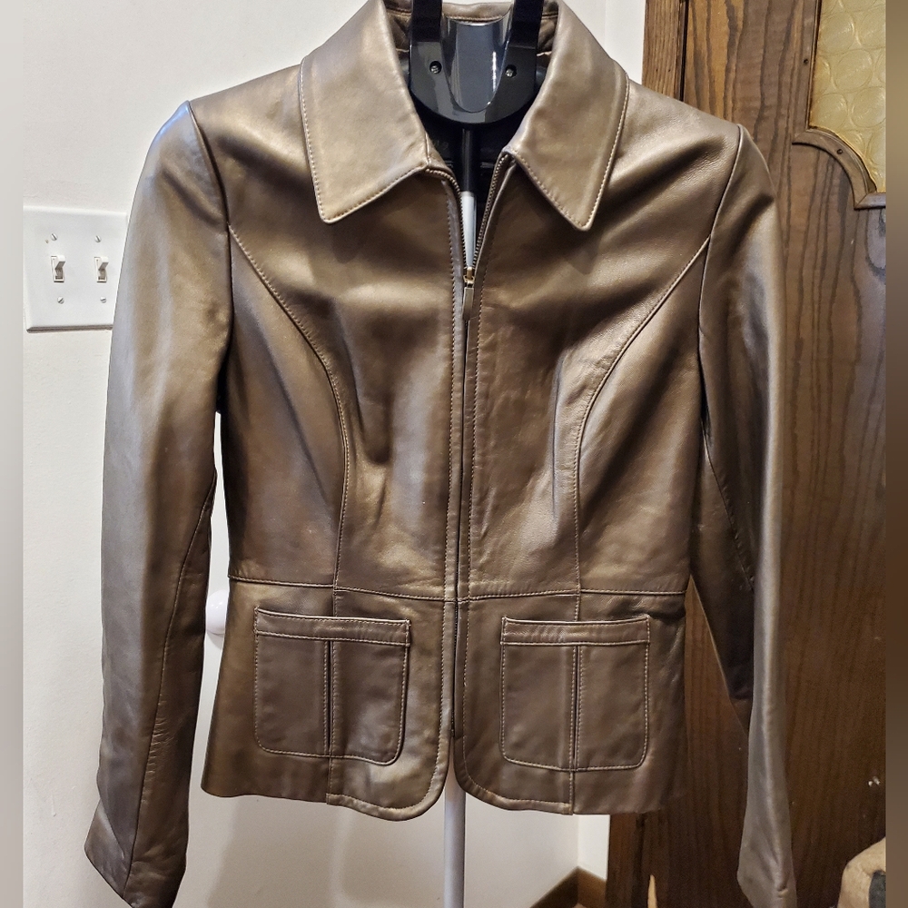 Apt 9 Women's Metallic Bronze Brown Leather Jacket Zipper Tailor Cut Sz Small